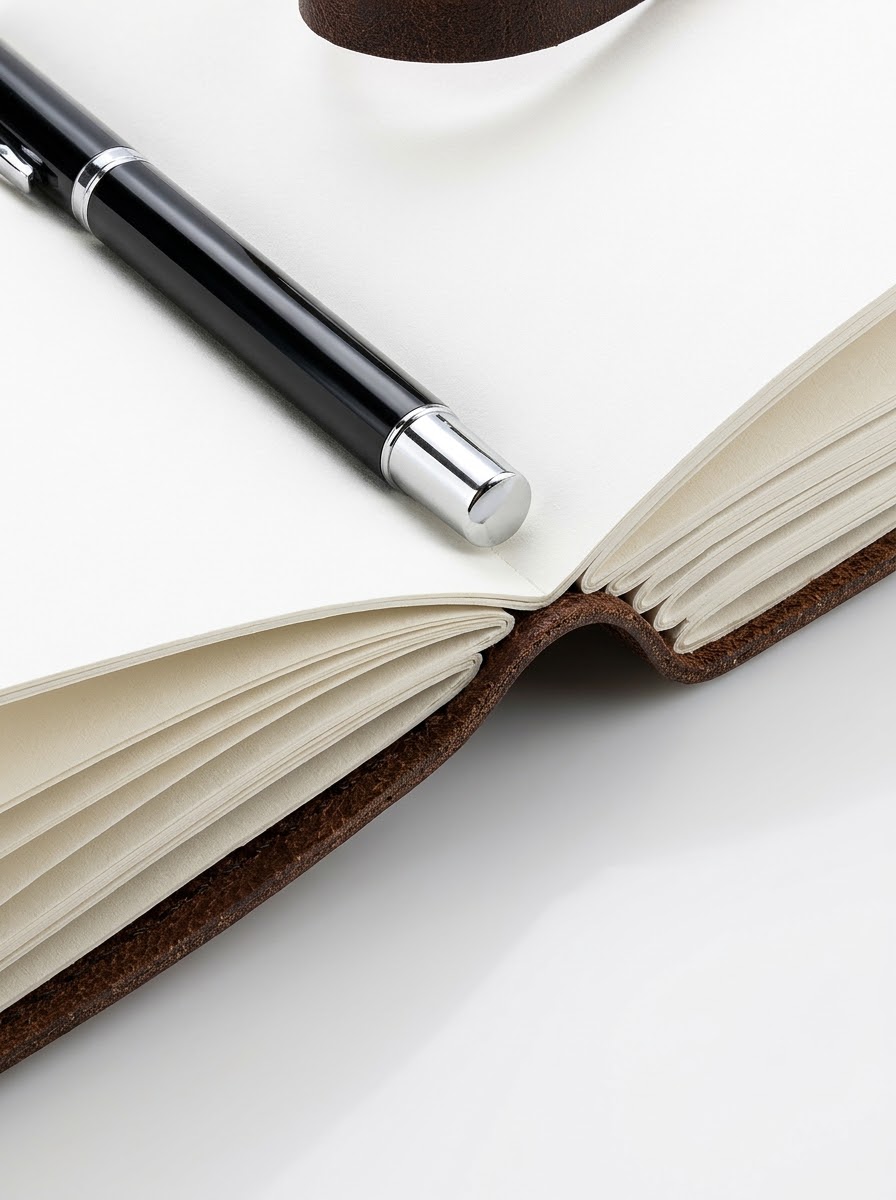 The Script open on blank cream pages, with a pen