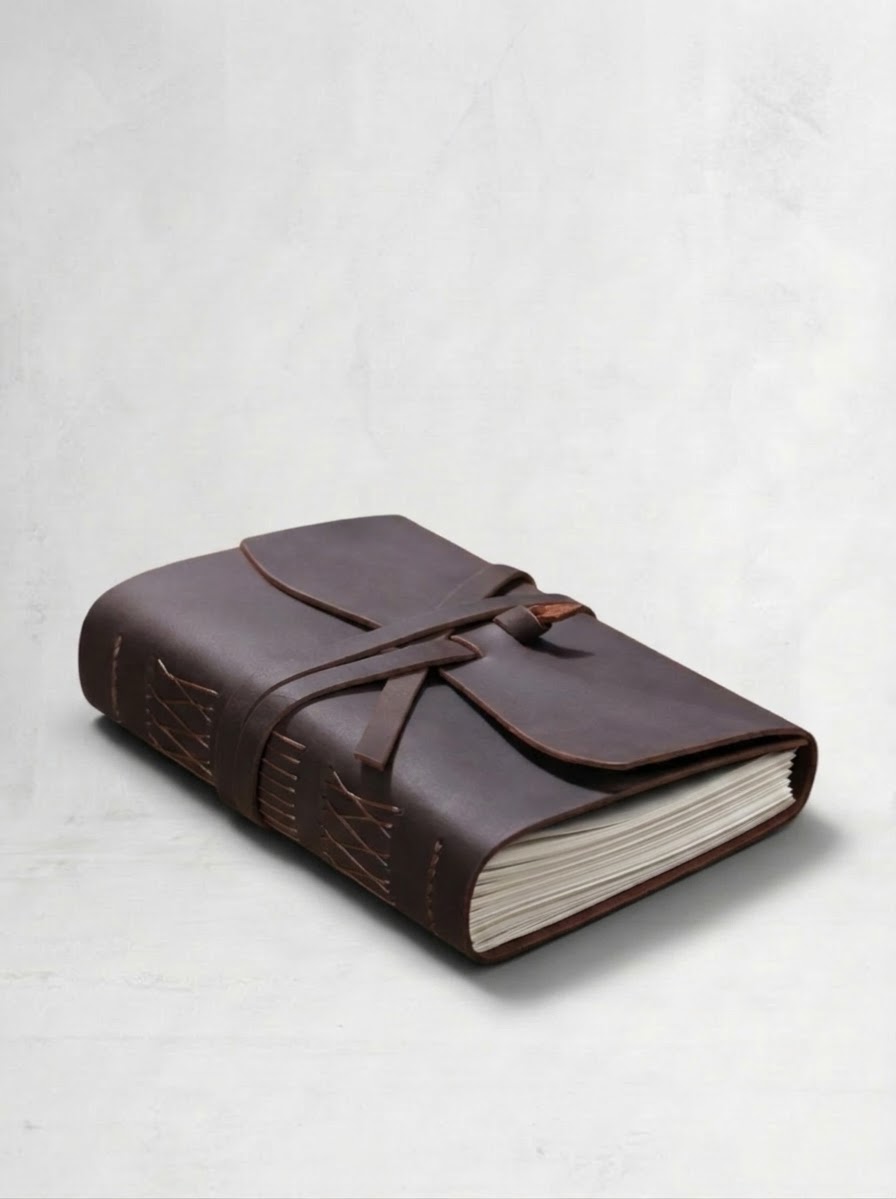 The Script in dark brown, tied closed with its strap